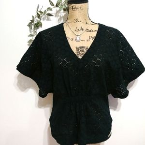 Club Monaco Black Eyelet Blouse with Cinched Waist. Like New!